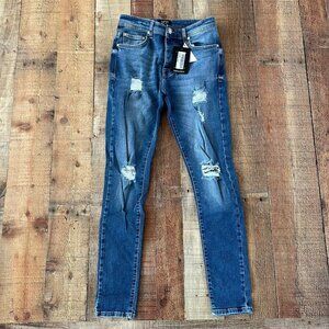 Boohoo Man super skinny multi rip jeans in light blue distressed denim -32